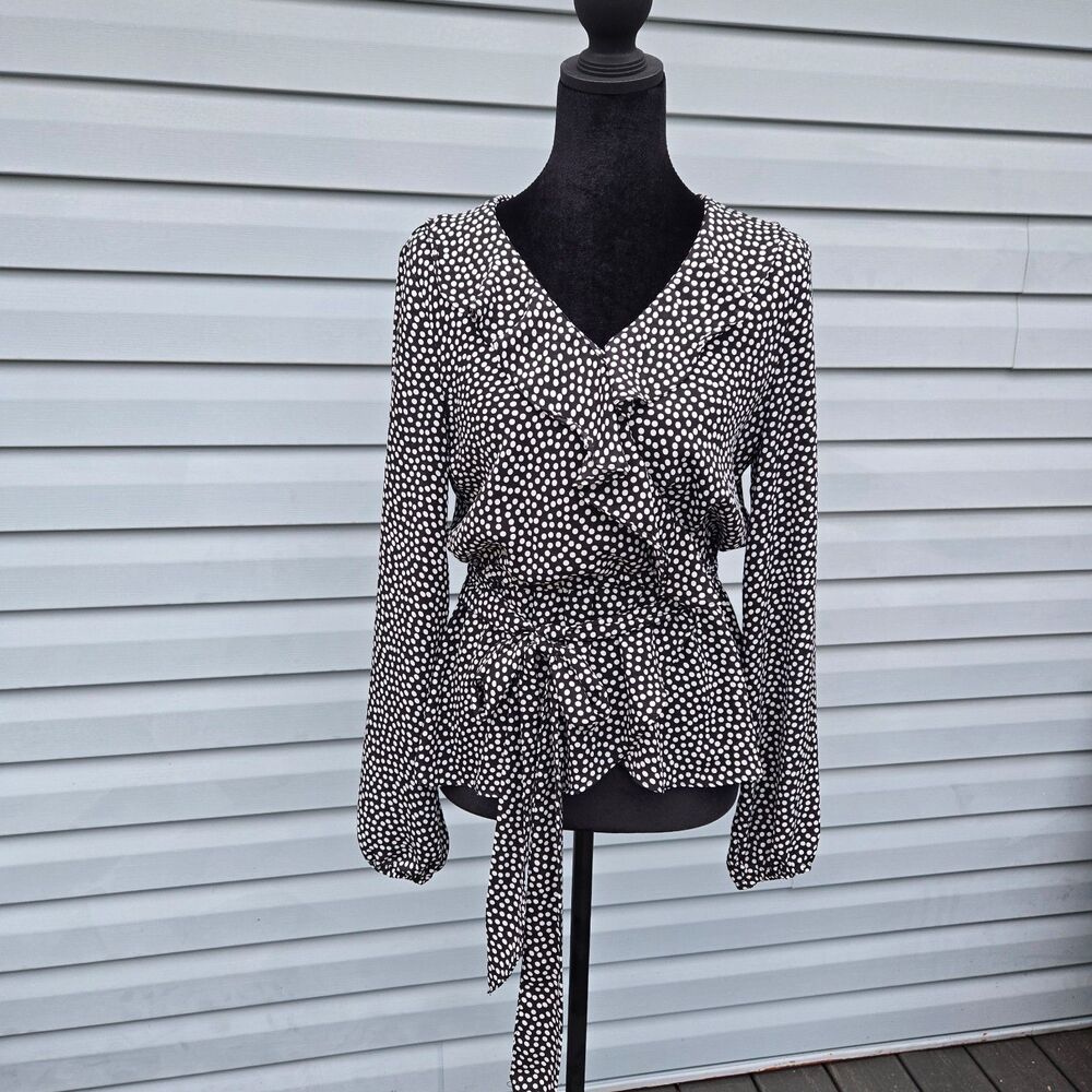 Max Studio Polka Dot Ruffle Wrap Blouse Black White Tie Waist Long Sleeve Small